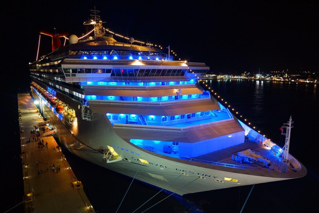 cruise ship, night, neon light, cruise, port, travel, lake, water, holiday cruise, nature, caribbean